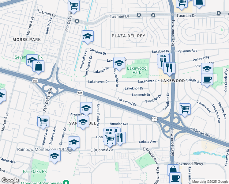 map of restaurants, bars, coffee shops, grocery stores, and more near 281 Meadowlake Drive in Sunnyvale