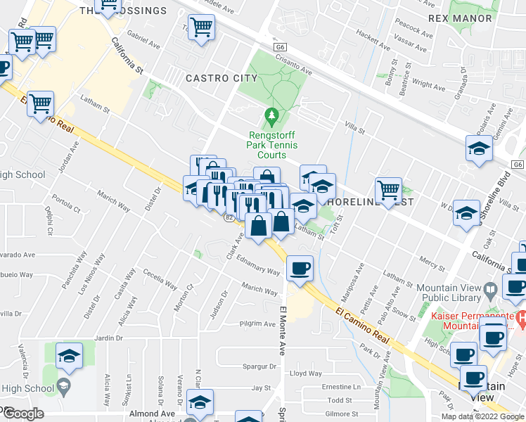 map of restaurants, bars, coffee shops, grocery stores, and more near 1945 Latham Street in Mountain View