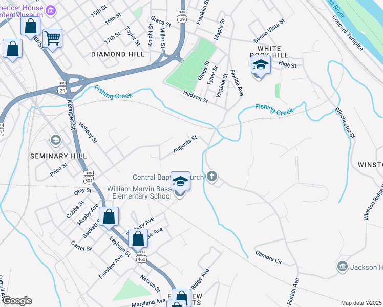 map of restaurants, bars, coffee shops, grocery stores, and more near 1501 Bland St in Lynchburg