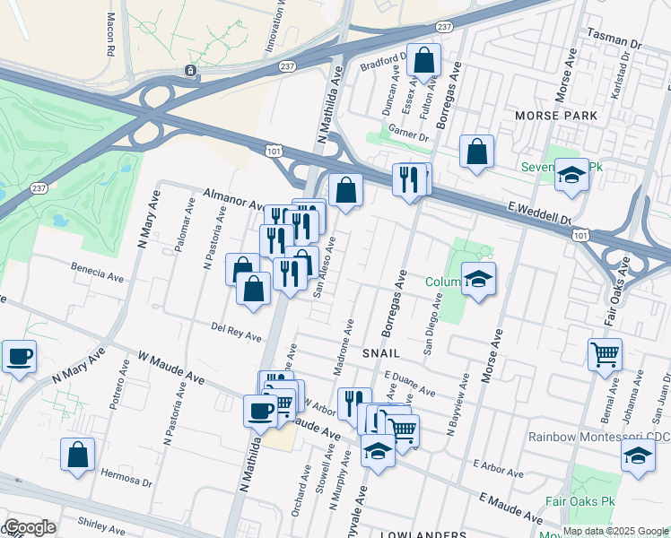 map of restaurants, bars, coffee shops, grocery stores, and more near 751 Santa Cecilia Terrace in Sunnyvale