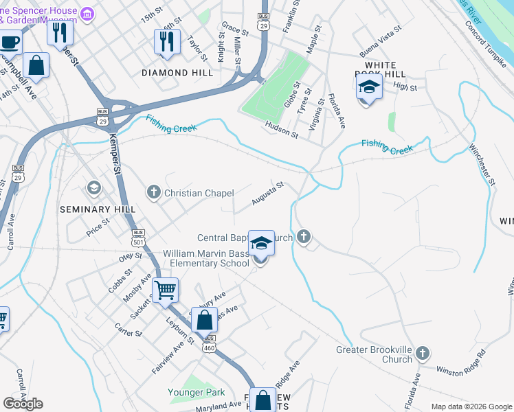 map of restaurants, bars, coffee shops, grocery stores, and more near 1530 Augusta St in Lynchburg