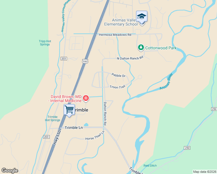 map of restaurants, bars, coffee shops, grocery stores, and more near 51 Troon Trail in Durango