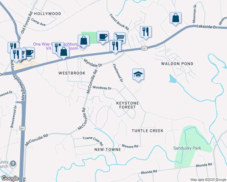 map of restaurants, bars, coffee shops, grocery stores, and more near 207 Woodway Drive in Lynchburg