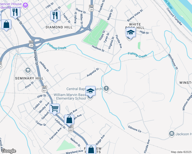 map of restaurants, bars, coffee shops, grocery stores, and more near 1501 Bland St in Lynchburg
