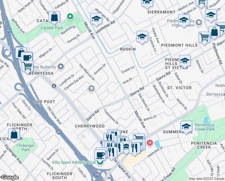 map of restaurants, bars, coffee shops, grocery stores, and more near 2716 Somerset Park Circle in San Jose