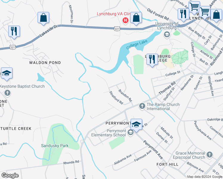 map of restaurants, bars, coffee shops, grocery stores, and more near 1146 Stratford Road in Lynchburg