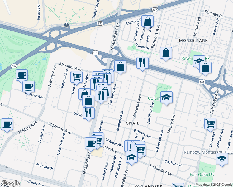 map of restaurants, bars, coffee shops, grocery stores, and more near 751 Santa Cecilia Terrace in Sunnyvale