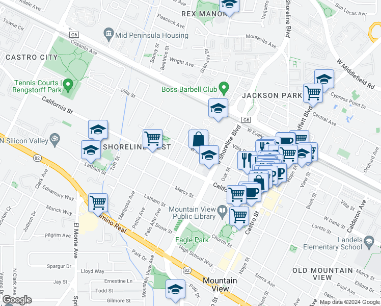 map of restaurants, bars, coffee shops, grocery stores, and more near 315 Palo Alto Avenue in Mountain View