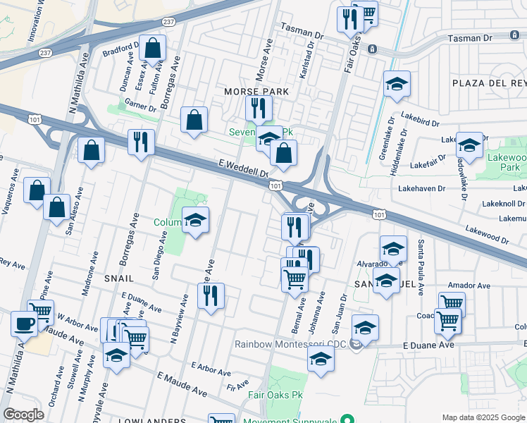 map of restaurants, bars, coffee shops, grocery stores, and more near 810 Carolina Avenue in Sunnyvale
