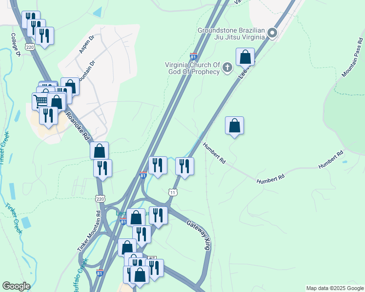 map of restaurants, bars, coffee shops, grocery stores, and more near 65 Kinzie Road in Troutville