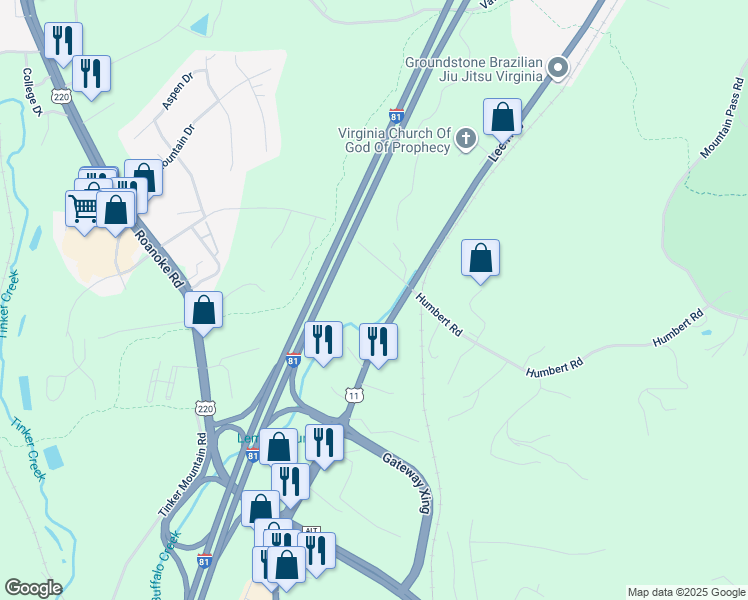 map of restaurants, bars, coffee shops, grocery stores, and more near 65 Kinzie Road in Troutville