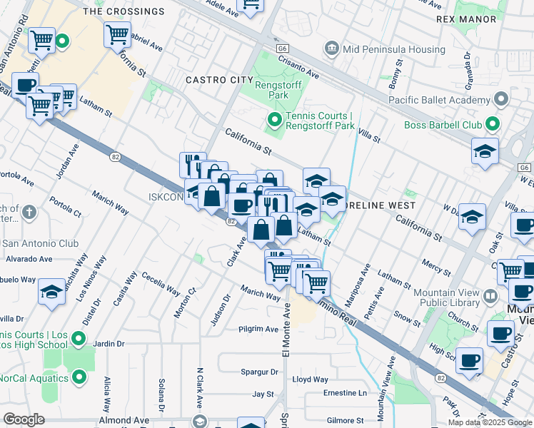 map of restaurants, bars, coffee shops, grocery stores, and more near 1945 Latham Street in Mountain View