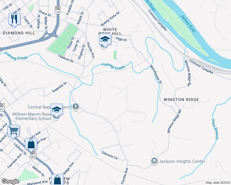 map of restaurants, bars, coffee shops, grocery stores, and more near 105 Providence Place in Lynchburg