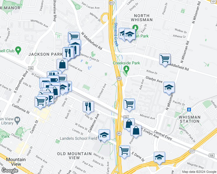 map of restaurants, bars, coffee shops, grocery stores, and more near 181 Central Avenue in Mountain View