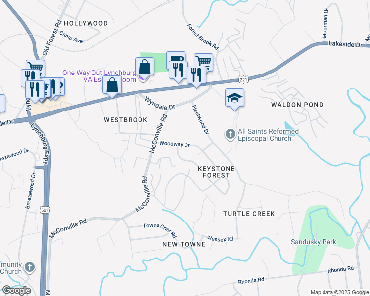 map of restaurants, bars, coffee shops, grocery stores, and more near 203 Woodway Drive in Lynchburg