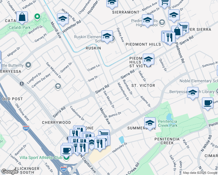 map of restaurants, bars, coffee shops, grocery stores, and more near 2952 Sierra Road in San Jose