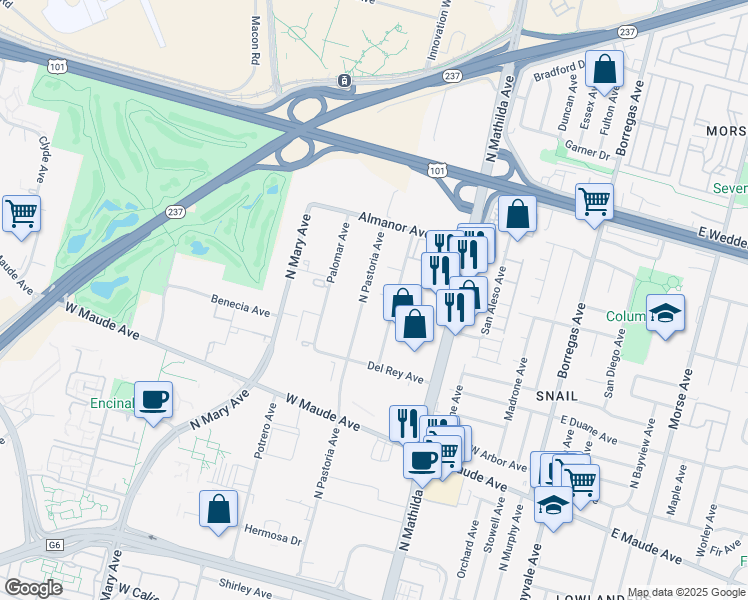 map of restaurants, bars, coffee shops, grocery stores, and more near 716 N Pastoria Ave in Sunnyvale