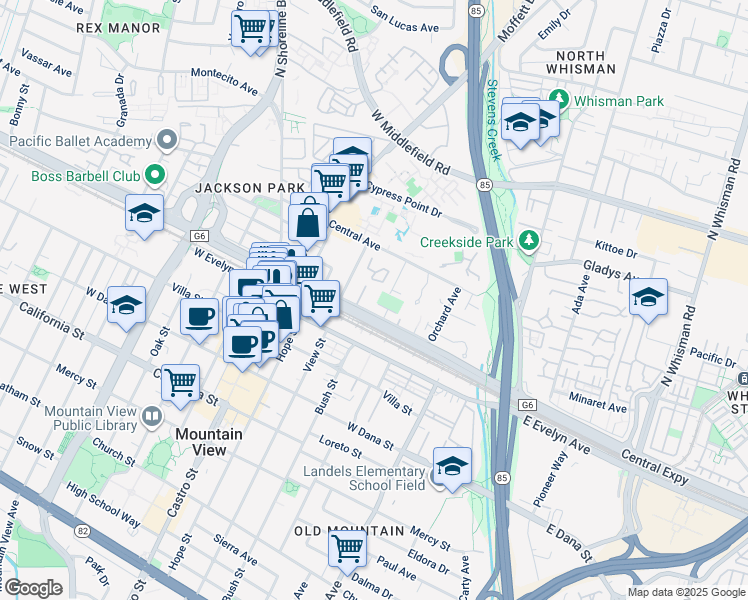 map of restaurants, bars, coffee shops, grocery stores, and more near 674 Willowgate Street in Mountain View
