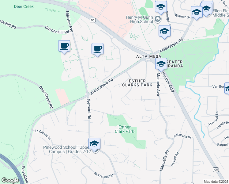 map of restaurants, bars, coffee shops, grocery stores, and more near 4127 Old Adobe Road in Palo Alto