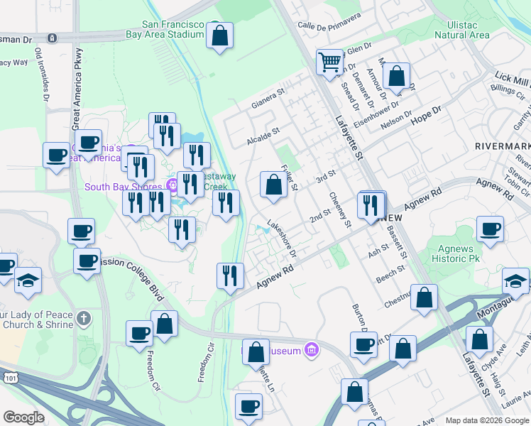 map of restaurants, bars, coffee shops, grocery stores, and more near 2368 Sawyer Court in Santa Clara