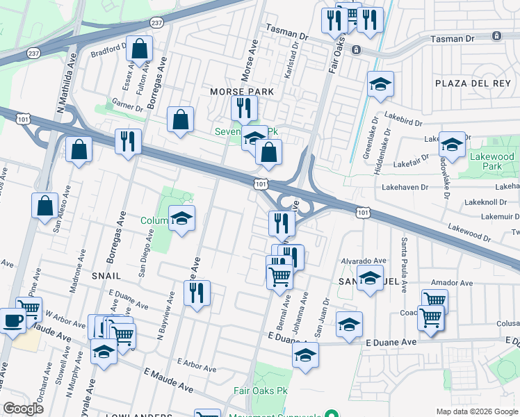 map of restaurants, bars, coffee shops, grocery stores, and more near 580 Ahwanee Avenue in Sunnyvale