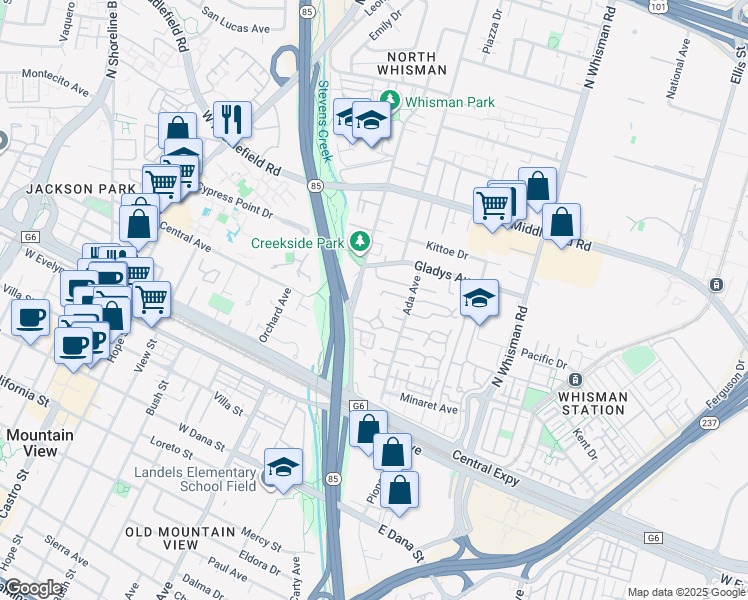 map of restaurants, bars, coffee shops, grocery stores, and more near 139 Brenton Court in Mountain View