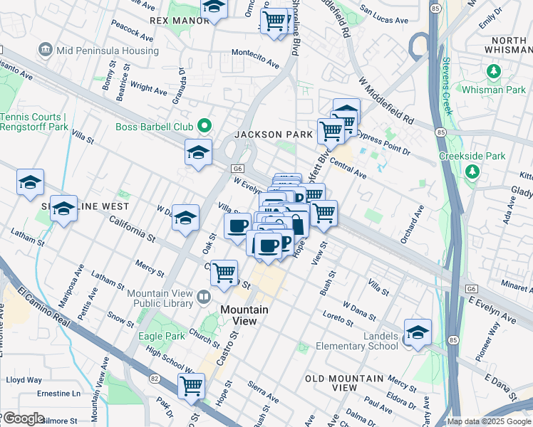 map of restaurants, bars, coffee shops, grocery stores, and more near 954 Villa Street in Mountain View