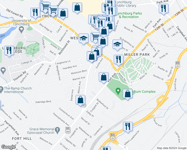 map of restaurants, bars, coffee shops, grocery stores, and more near 3214 Memorial Avenue in Lynchburg