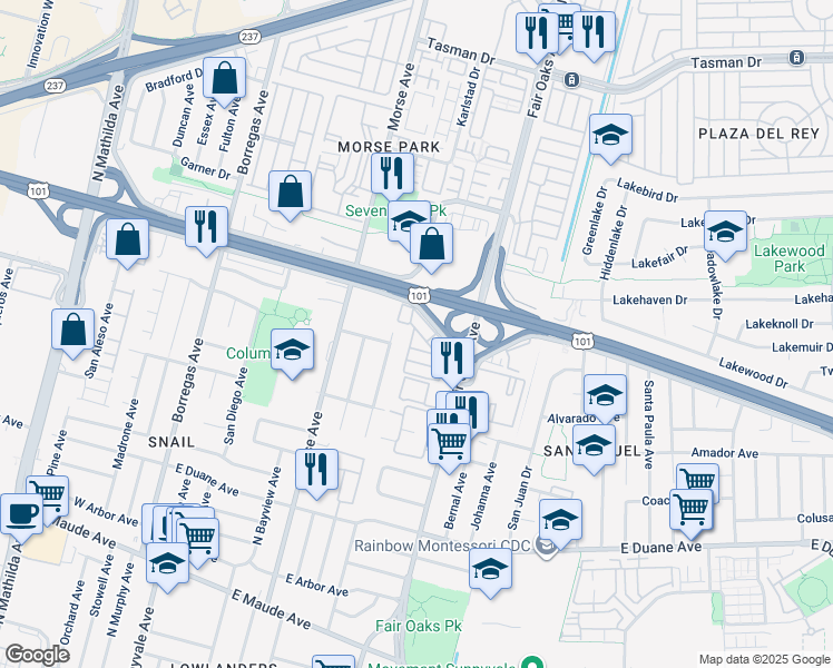 map of restaurants, bars, coffee shops, grocery stores, and more near 580 Ahwanee Avenue in Sunnyvale