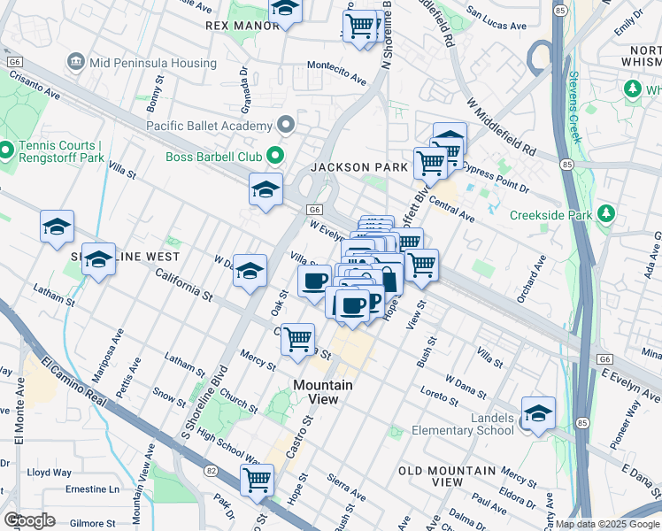 map of restaurants, bars, coffee shops, grocery stores, and more near 954 Villa Street in Mountain View