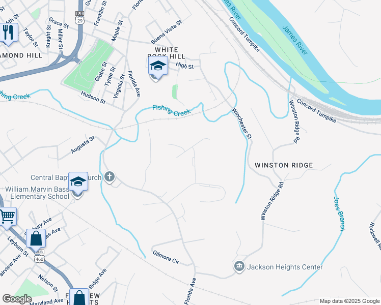 map of restaurants, bars, coffee shops, grocery stores, and more near 112 Providence Place in Lynchburg