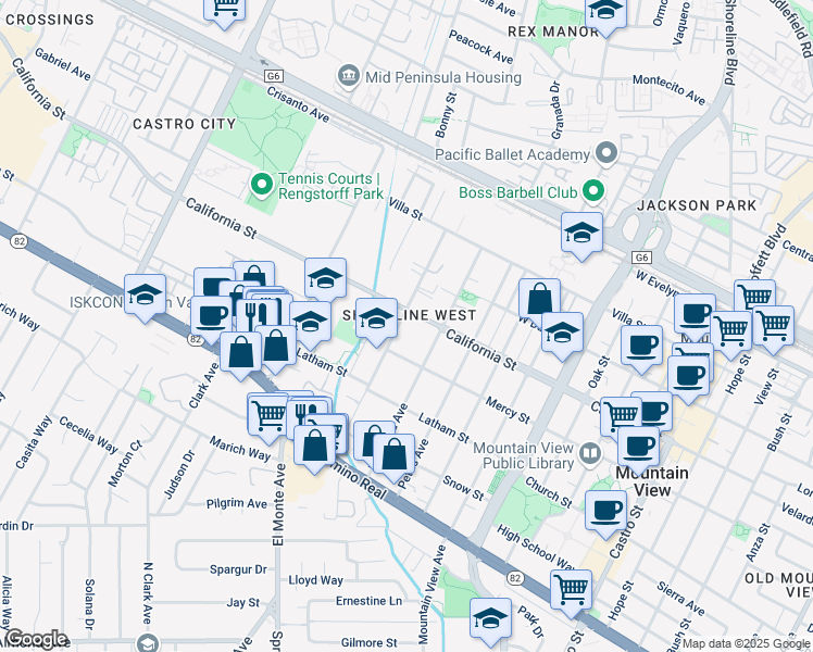 map of restaurants, bars, coffee shops, grocery stores, and more near 403 Chiquita Avenue in Mountain View