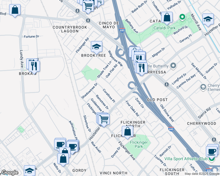 map of restaurants, bars, coffee shops, grocery stores, and more near 1673 4 Oaks Road in San Jose