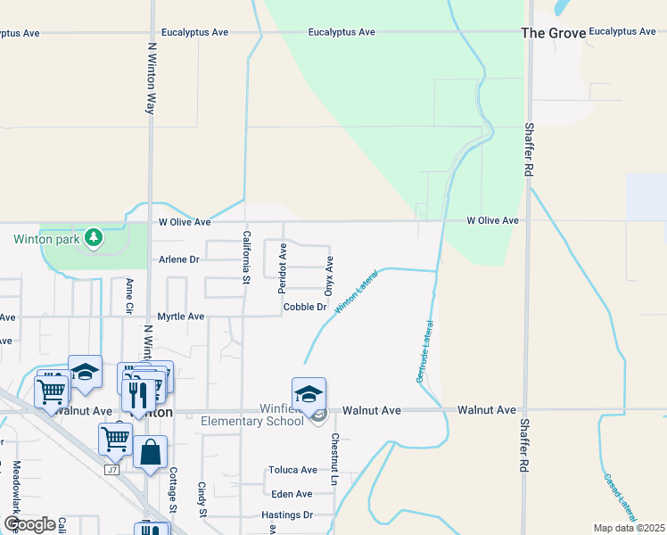 map of restaurants, bars, coffee shops, grocery stores, and more near 7384 Onyx Avenue in Winton