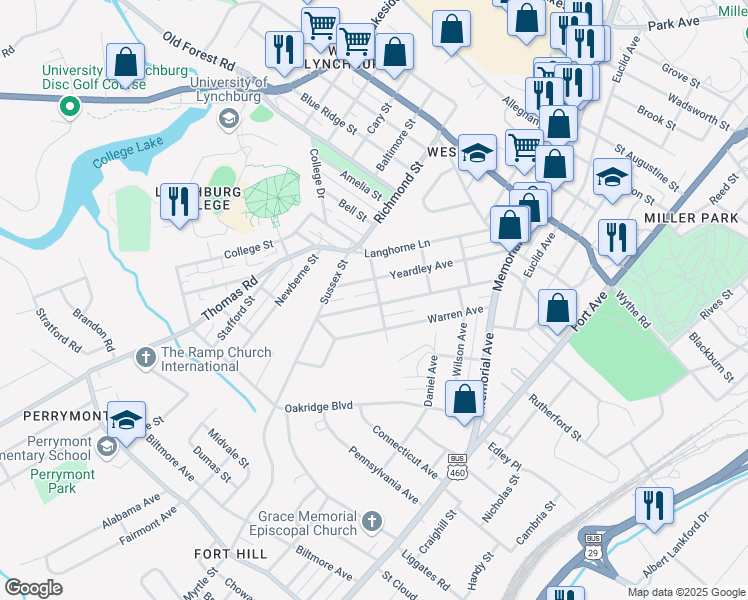 map of restaurants, bars, coffee shops, grocery stores, and more near 400 Westover Boulevard in Lynchburg