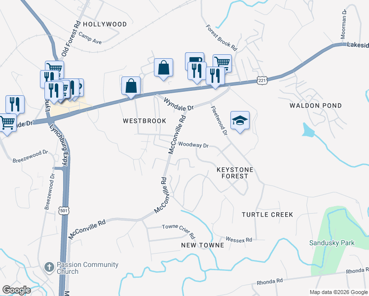 map of restaurants, bars, coffee shops, grocery stores, and more near 105 Woodway Drive in Lynchburg