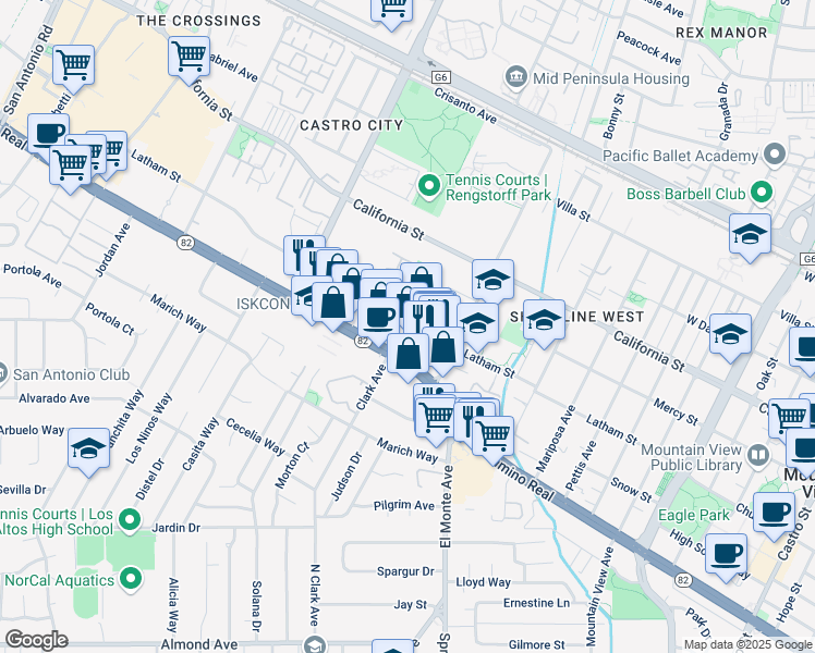 map of restaurants, bars, coffee shops, grocery stores, and more near 1951 Latham Street in Mountain View