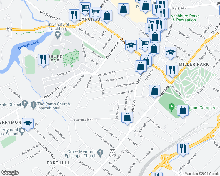 map of restaurants, bars, coffee shops, grocery stores, and more near Westover Boulevard in Lynchburg
