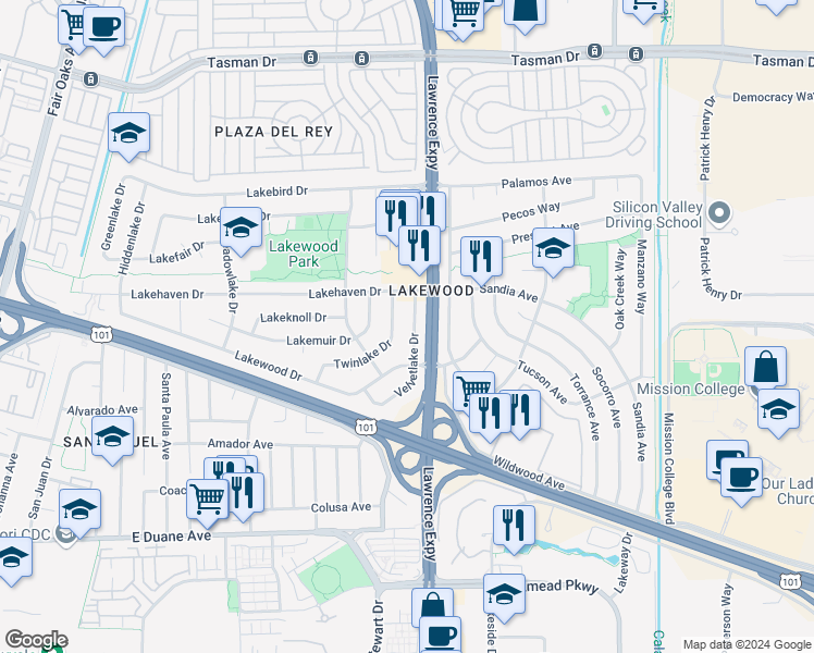 map of restaurants, bars, coffee shops, grocery stores, and more near 275 Velvetlake Drive in Sunnyvale