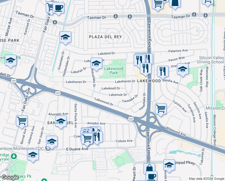 map of restaurants, bars, coffee shops, grocery stores, and more near 814 Lakeknoll Drive in Sunnyvale