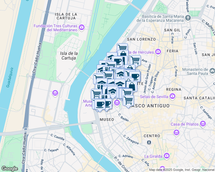 map of restaurants, bars, coffee shops, grocery stores, and more near 31 Calle Goles in Sevilla
