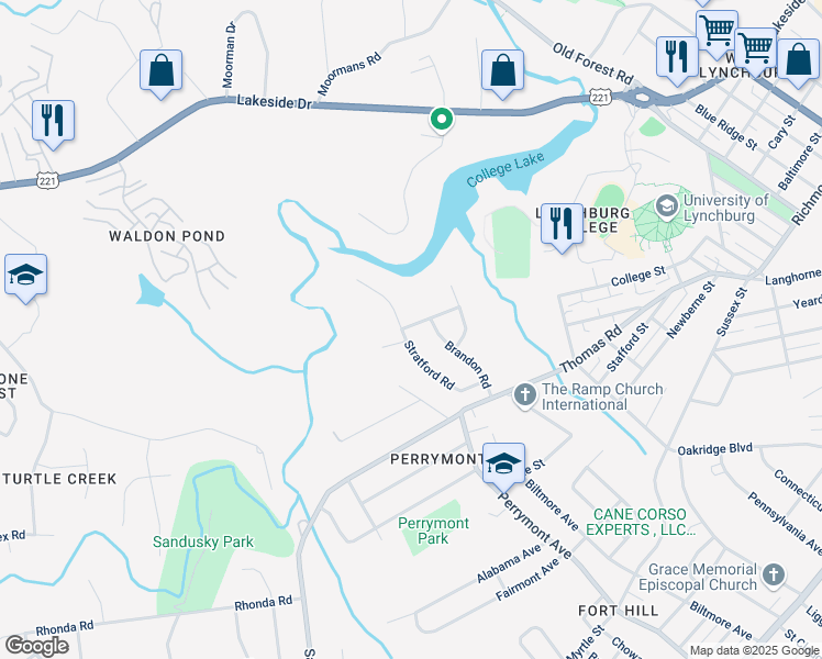 map of restaurants, bars, coffee shops, grocery stores, and more near 1146 Stratford Road in Lynchburg