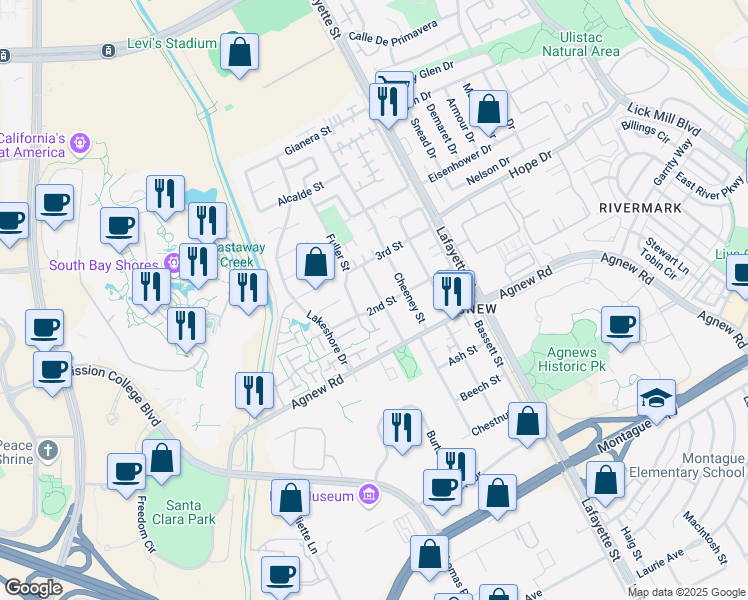 map of restaurants, bars, coffee shops, grocery stores, and more near 4416 Fillmore Street in Santa Clara