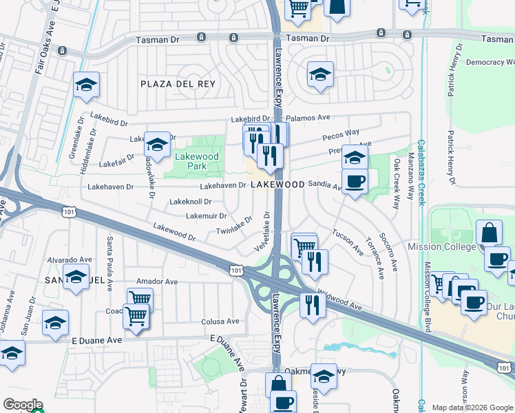 map of restaurants, bars, coffee shops, grocery stores, and more near 275 Velvetlake Drive in Sunnyvale