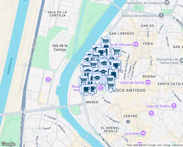 map of restaurants, bars, coffee shops, grocery stores, and more near 26 Calle Dársena in Sevilla