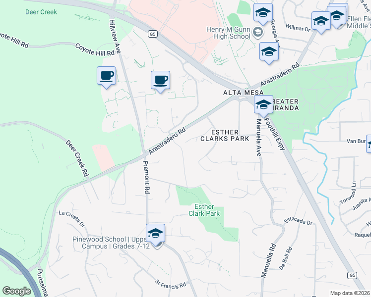 map of restaurants, bars, coffee shops, grocery stores, and more near 4127 Old Adobe Road in Palo Alto