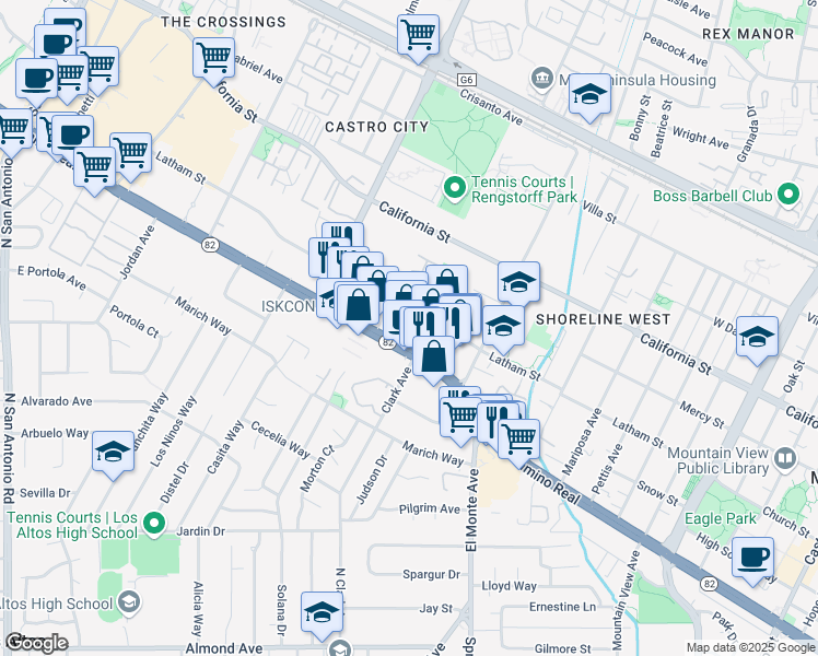 map of restaurants, bars, coffee shops, grocery stores, and more near 1980 West El Camino Real in Mountain View