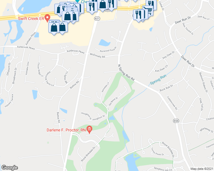 map of restaurants, bars, coffee shops, grocery stores, and more near 8034 Ainsdale Lane in Chesterfield