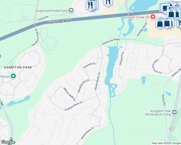 map of restaurants, bars, coffee shops, grocery stores, and more near 15219 Fern Hollow Court in Chesterfield