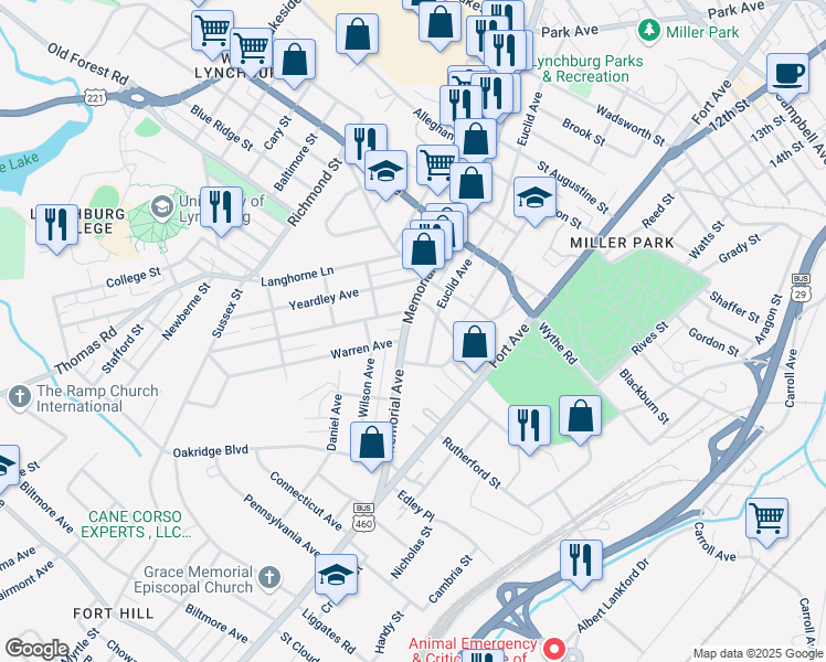 map of restaurants, bars, coffee shops, grocery stores, and more near 3214 Memorial Avenue in Lynchburg